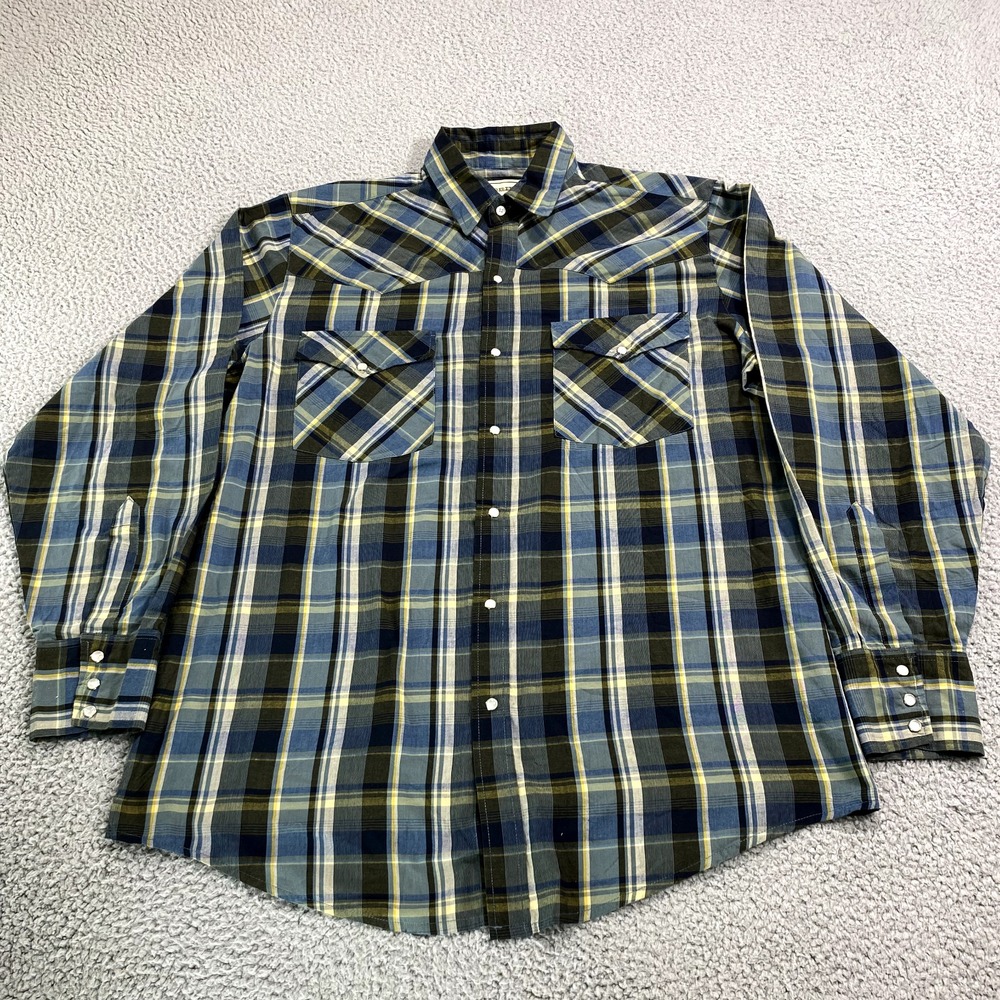 Bit & Bridal Shirt Mens Large Blue Gray Plaid Pearl Snap‎ Western Cowboy